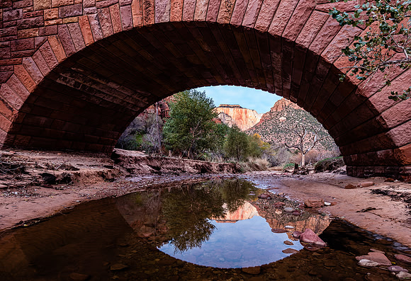 Pine Creek Bridge Framing West Temple, Zion NP
