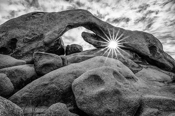 Cloudy Sunrise at Arch Rock (B&W), Joshua Tree National Park