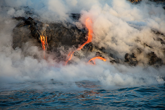 Red Lava, White Steam and Blue Ocean, Hawaii