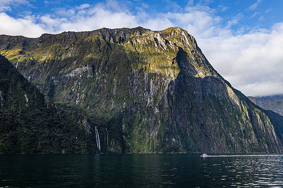 Small Boat and Striling Falls, Milford Sound