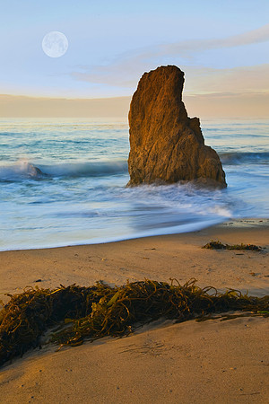 Full Moon, Sea Stack & Kelp on Malibu Beach